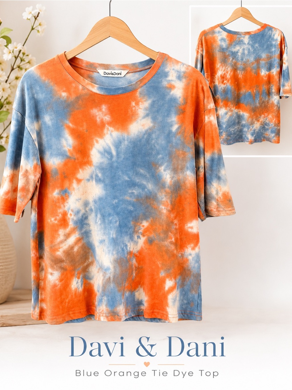Davi & Dani Blue Orange Tie Dye Short Sleeve Top Size Small